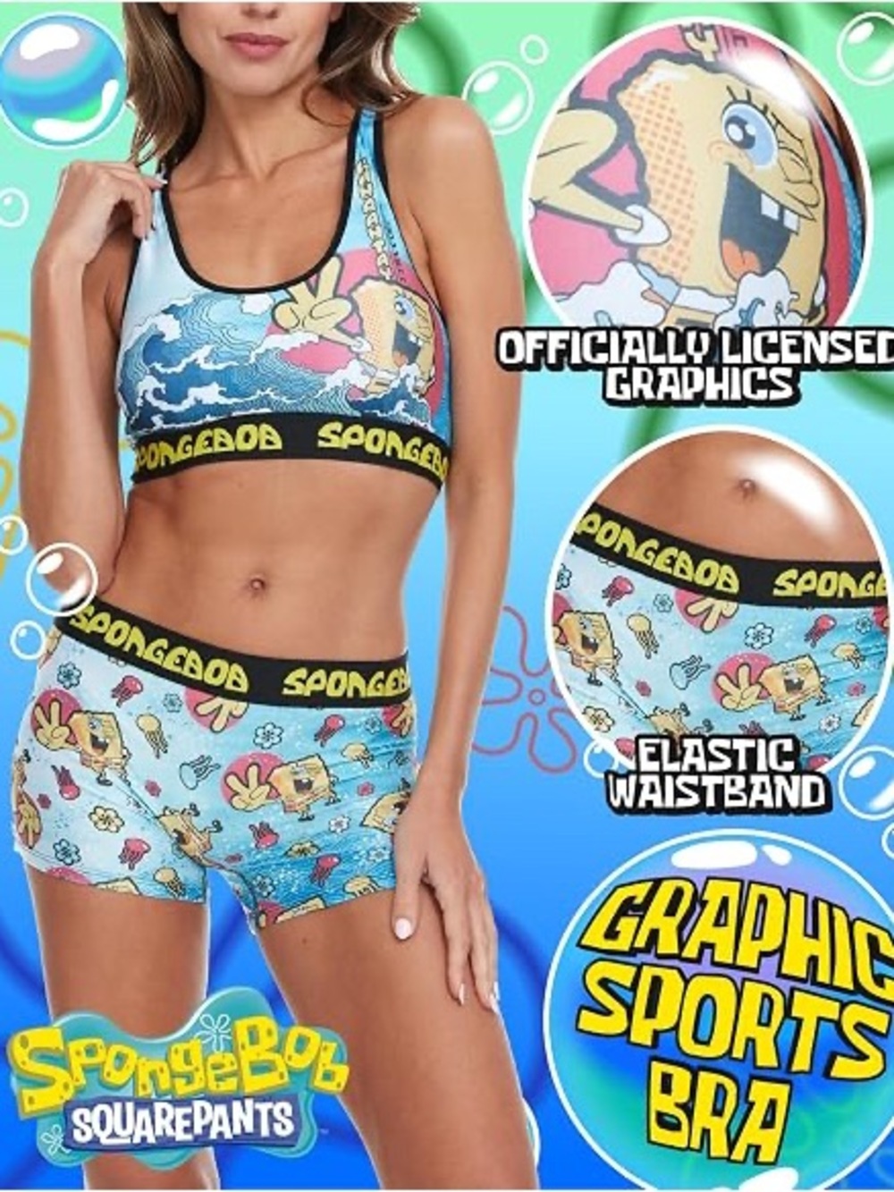 SpongeBob SquarePants Light Blue Graphic Bikini Top And Shorts Set